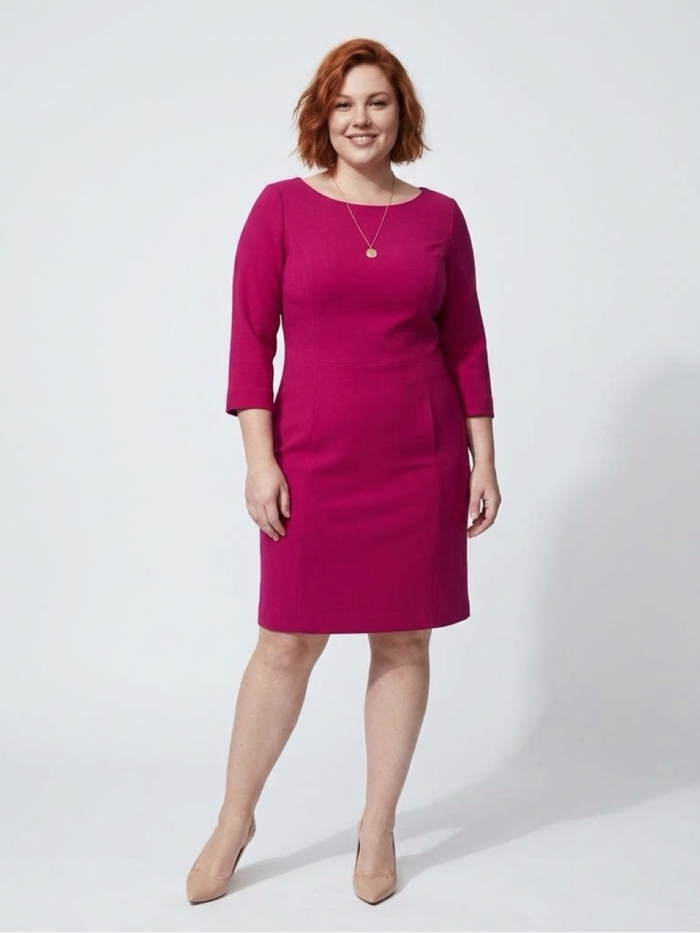Vince Camuto Fuchsia Midi Sheath Dress with Three-Quarter Sleeves